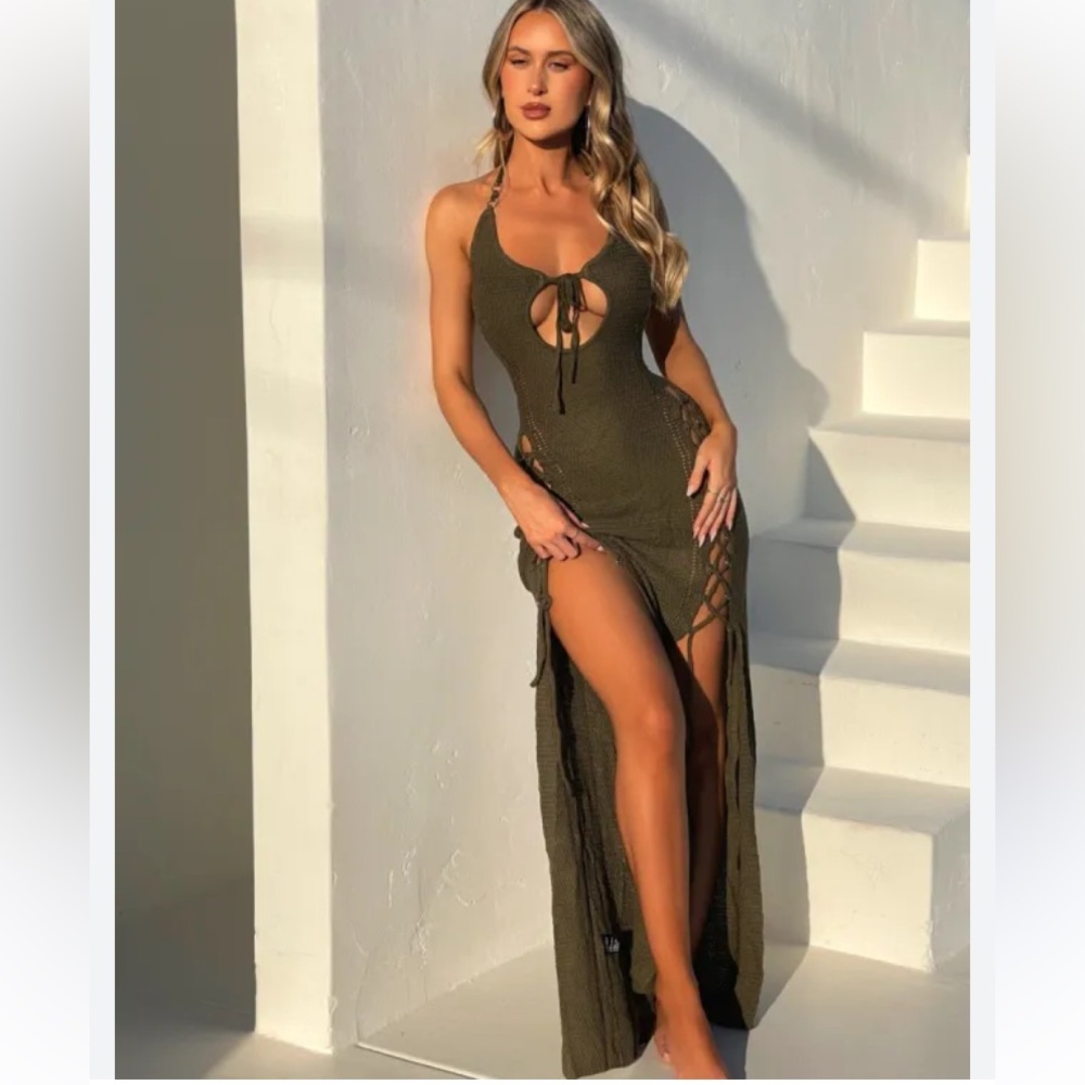 Olive Green Maxi Cutout Halter Dress